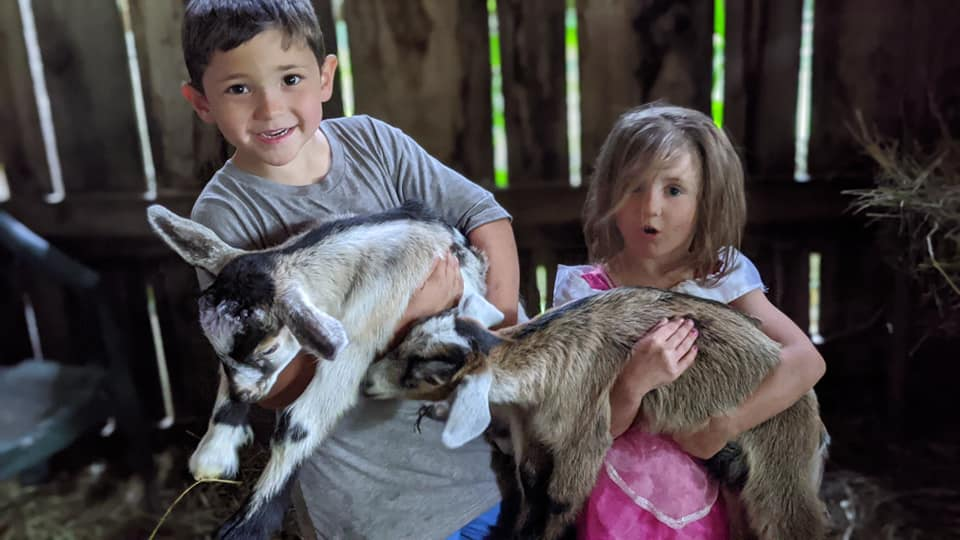 Floyd and Curtis Lowe being held by the kids while doing chores at Kiser Ridge Farm