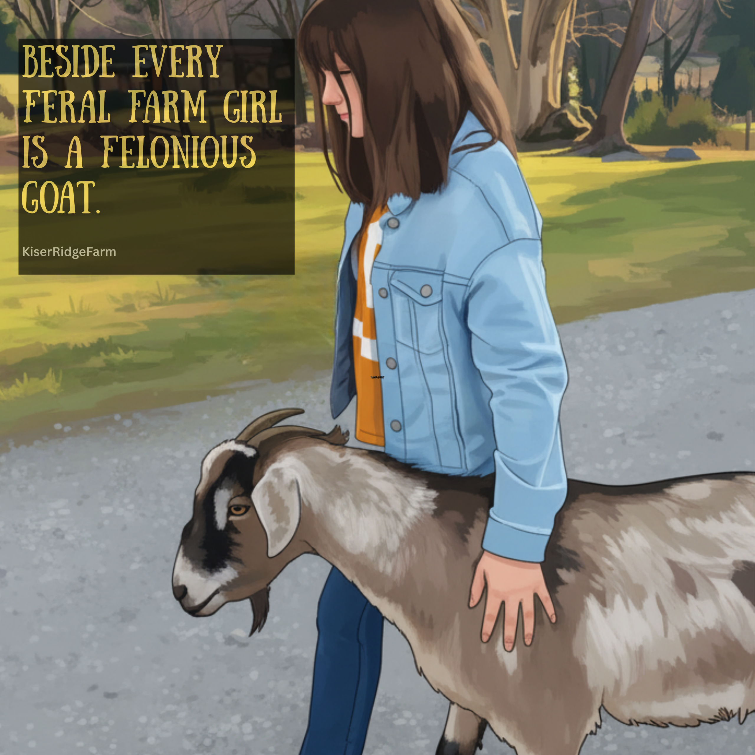 A farm girl walking beside a goat at Kiser Ridge Farm in East Tennessee